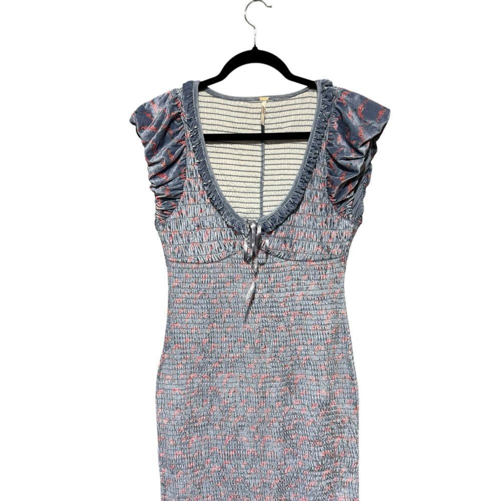 Revolve Free People Mckenna Velvet Midi Dress Smocked Slim Fitted Blue Combo - Picture 4 of 10